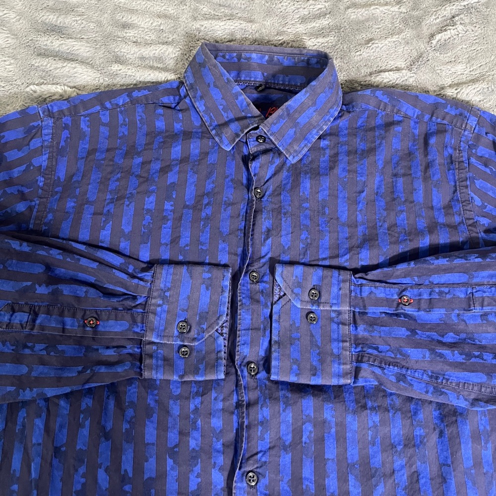 Visconti Black Mens Blue Striped Camo Print Cotton Button Up Shirt Large Turkey‎